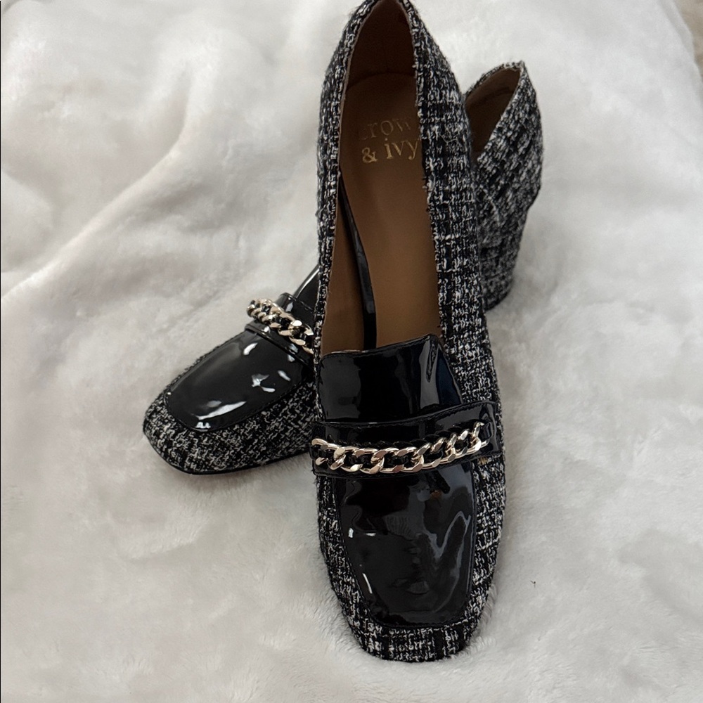 crown & ivy Black Tweed Loafers with Patent Toe and Gold Chain